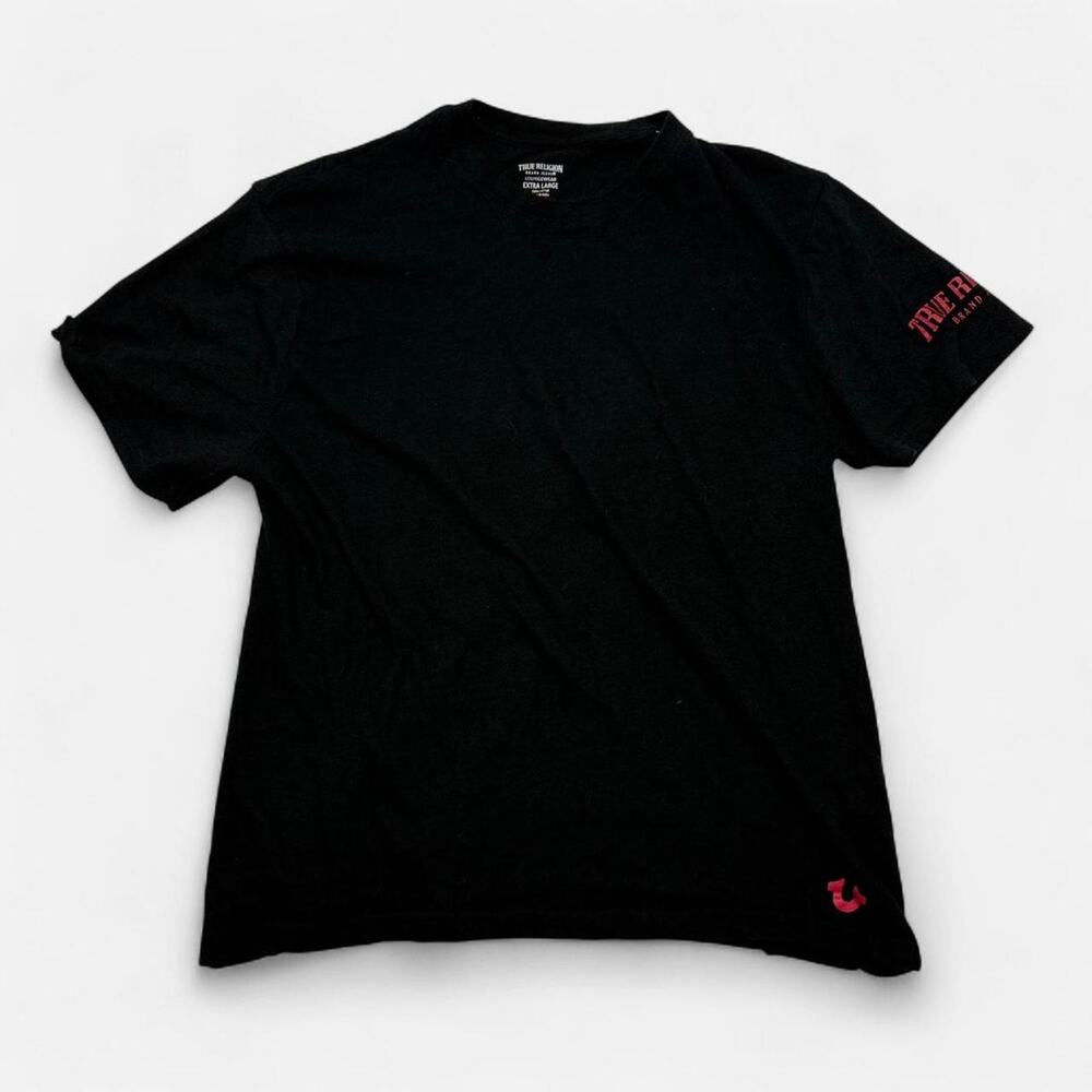 True Religion Black Tee Men’s XL Red Logo Sleeve Cotton Casual Streetwear
